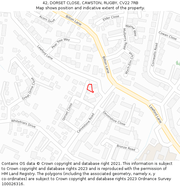 42, DORSET CLOSE, CAWSTON, RUGBY, CV22 7RB: Location map and indicative extent of plot