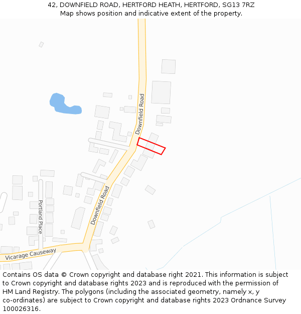 42, DOWNFIELD ROAD, HERTFORD HEATH, HERTFORD, SG13 7RZ: Location map and indicative extent of plot