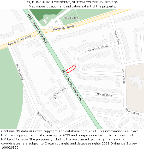 42, DUNCHURCH CRESCENT, SUTTON COLDFIELD, B73 6QN: Location map and indicative extent of plot