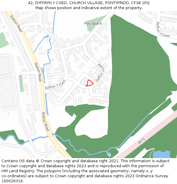 42, DYFFRYN Y COED, CHURCH VILLAGE, PONTYPRIDD, CF38 1PQ: Location map and indicative extent of plot