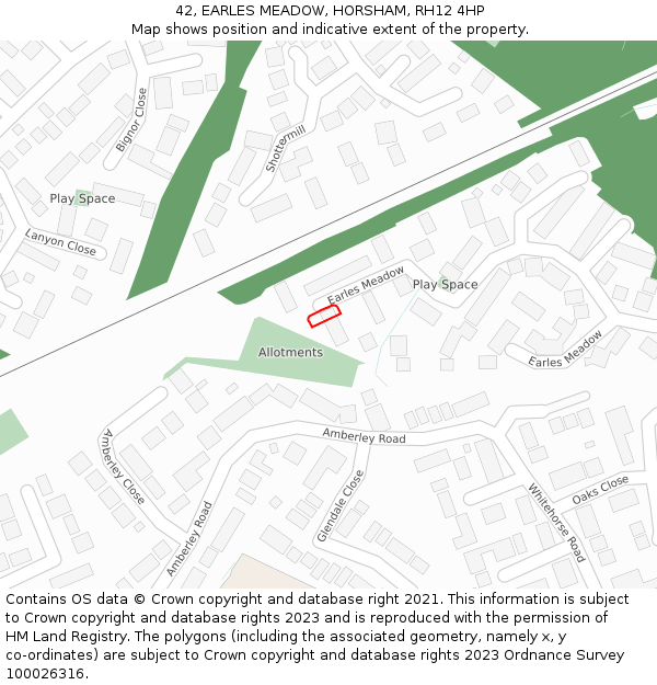 42, EARLES MEADOW, HORSHAM, RH12 4HP: Location map and indicative extent of plot