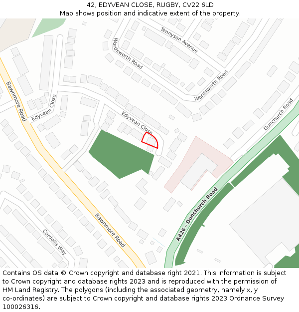 42, EDYVEAN CLOSE, RUGBY, CV22 6LD: Location map and indicative extent of plot