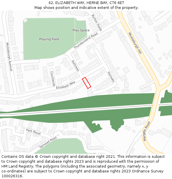 42, ELIZABETH WAY, HERNE BAY, CT6 6ET: Location map and indicative extent of plot