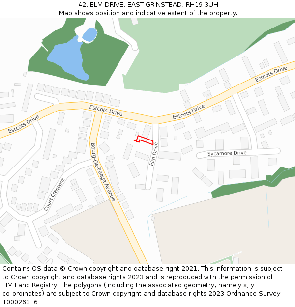 42, ELM DRIVE, EAST GRINSTEAD, RH19 3UH: Location map and indicative extent of plot