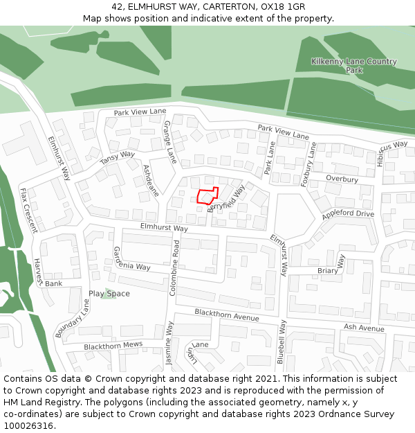 42, ELMHURST WAY, CARTERTON, OX18 1GR: Location map and indicative extent of plot
