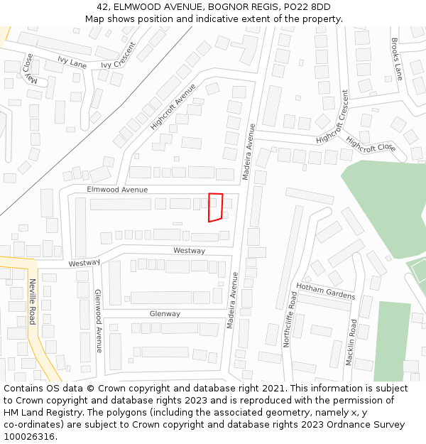 42, ELMWOOD AVENUE, BOGNOR REGIS, PO22 8DD: Location map and indicative extent of plot