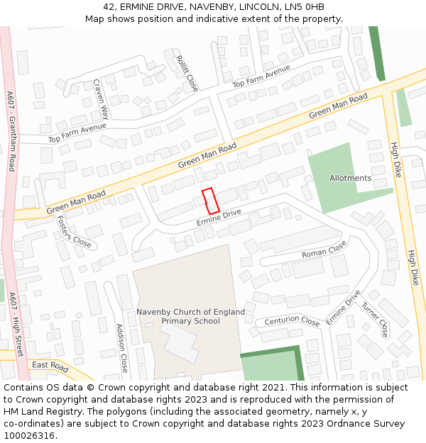 42, ERMINE DRIVE, NAVENBY, LINCOLN, LN5 0HB: Location map and indicative extent of plot