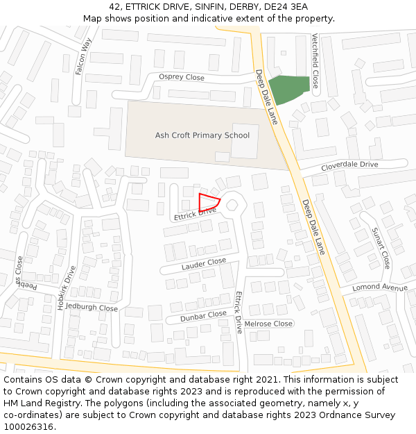 42, ETTRICK DRIVE, SINFIN, DERBY, DE24 3EA: Location map and indicative extent of plot