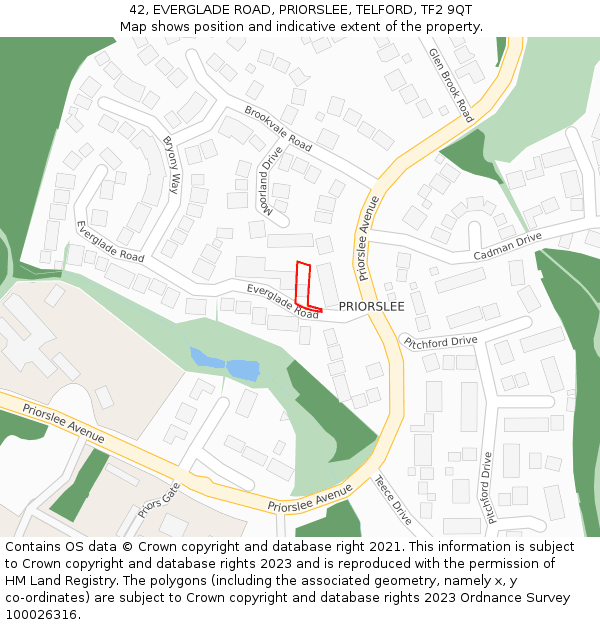 42, EVERGLADE ROAD, PRIORSLEE, TELFORD, TF2 9QT: Location map and indicative extent of plot