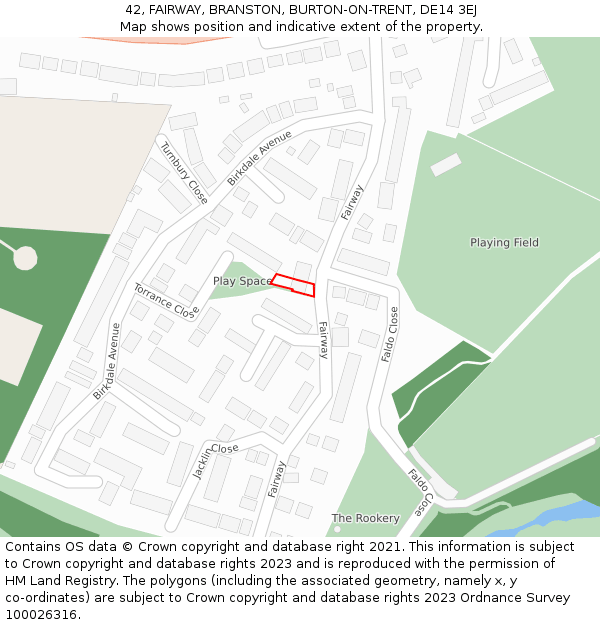 42, FAIRWAY, BRANSTON, BURTON-ON-TRENT, DE14 3EJ: Location map and indicative extent of plot