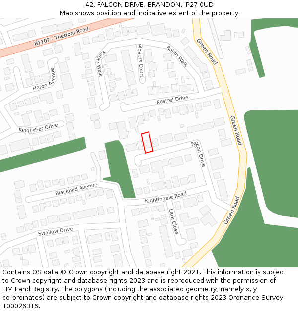 42, FALCON DRIVE, BRANDON, IP27 0UD: Location map and indicative extent of plot