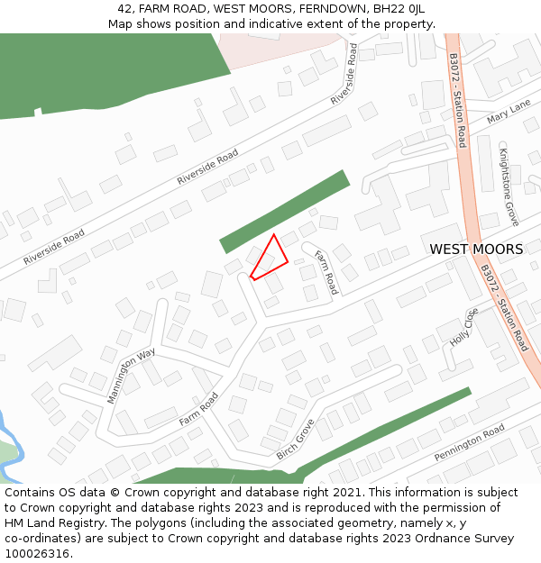 42, FARM ROAD, WEST MOORS, FERNDOWN, BH22 0JL: Location map and indicative extent of plot