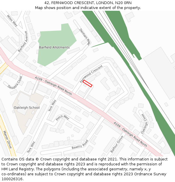 42, FERNWOOD CRESCENT, LONDON, N20 0RN: Location map and indicative extent of plot