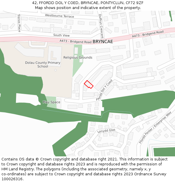 42, FFORDD DOL Y COED, BRYNCAE, PONTYCLUN, CF72 9ZF: Location map and indicative extent of plot