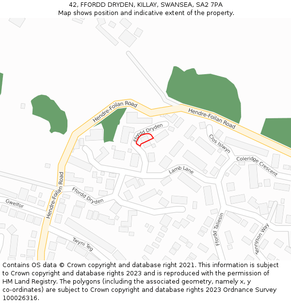 42, FFORDD DRYDEN, KILLAY, SWANSEA, SA2 7PA: Location map and indicative extent of plot