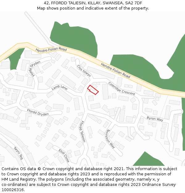 42, FFORDD TALIESIN, KILLAY, SWANSEA, SA2 7DF: Location map and indicative extent of plot