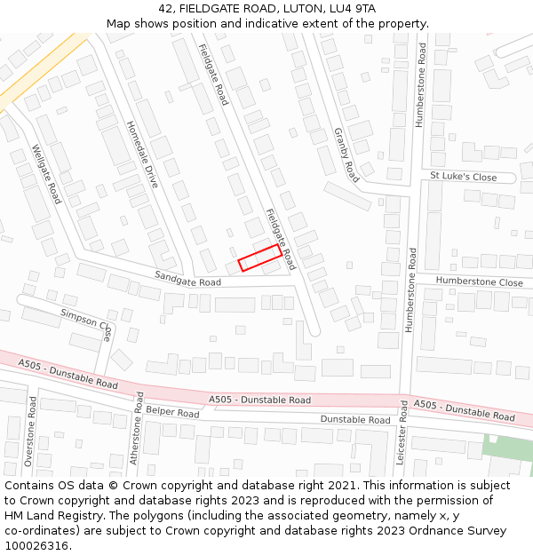 42, FIELDGATE ROAD, LUTON, LU4 9TA: Location map and indicative extent of plot