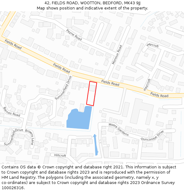 42, FIELDS ROAD, WOOTTON, BEDFORD, MK43 9JJ: Location map and indicative extent of plot