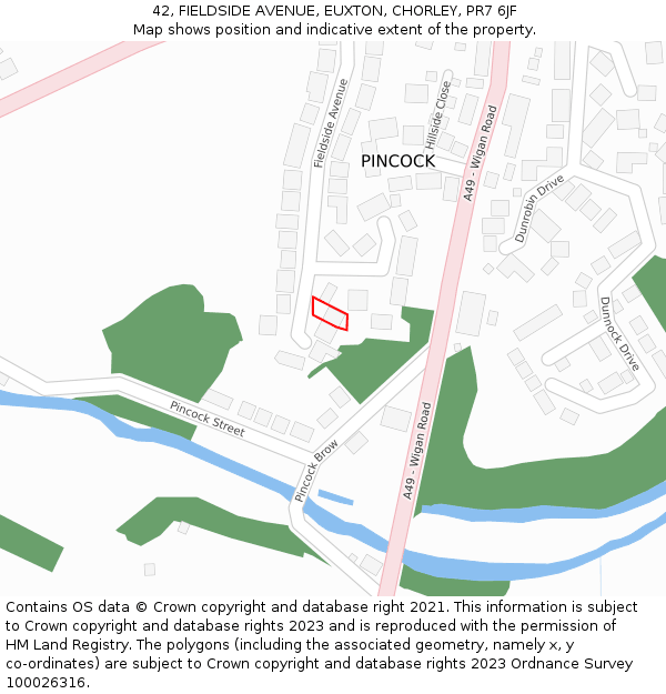 42, FIELDSIDE AVENUE, EUXTON, CHORLEY, PR7 6JF: Location map and indicative extent of plot