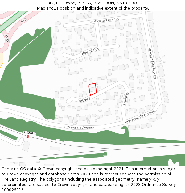 42, FIELDWAY, PITSEA, BASILDON, SS13 3DQ: Location map and indicative extent of plot
