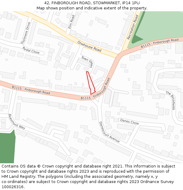 42, FINBOROUGH ROAD, STOWMARKET, IP14 1PU: Location map and indicative extent of plot