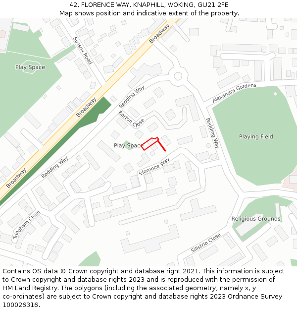42, FLORENCE WAY, KNAPHILL, WOKING, GU21 2FE: Location map and indicative extent of plot