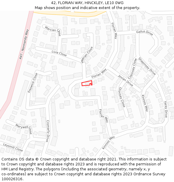 42, FLORIAN WAY, HINCKLEY, LE10 0WG: Location map and indicative extent of plot