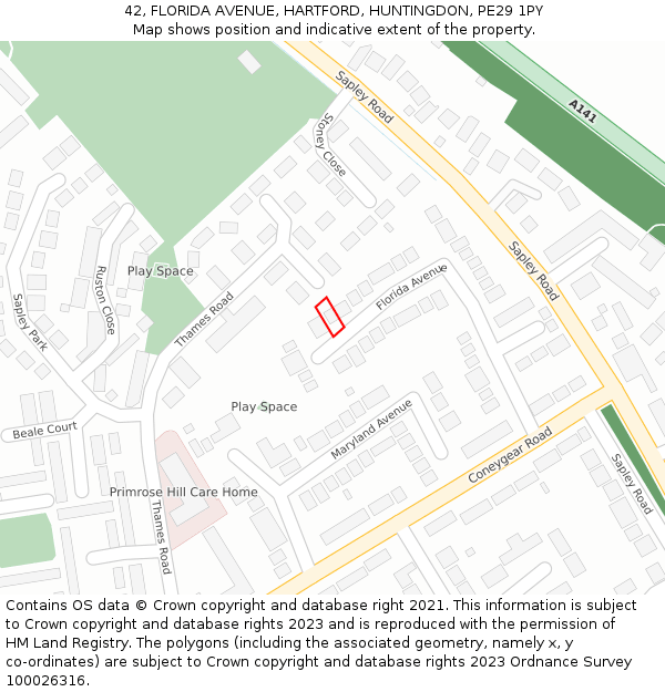 42, FLORIDA AVENUE, HARTFORD, HUNTINGDON, PE29 1PY: Location map and indicative extent of plot