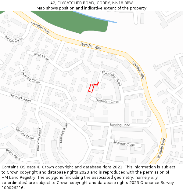 42, FLYCATCHER ROAD, CORBY, NN18 8RW: Location map and indicative extent of plot