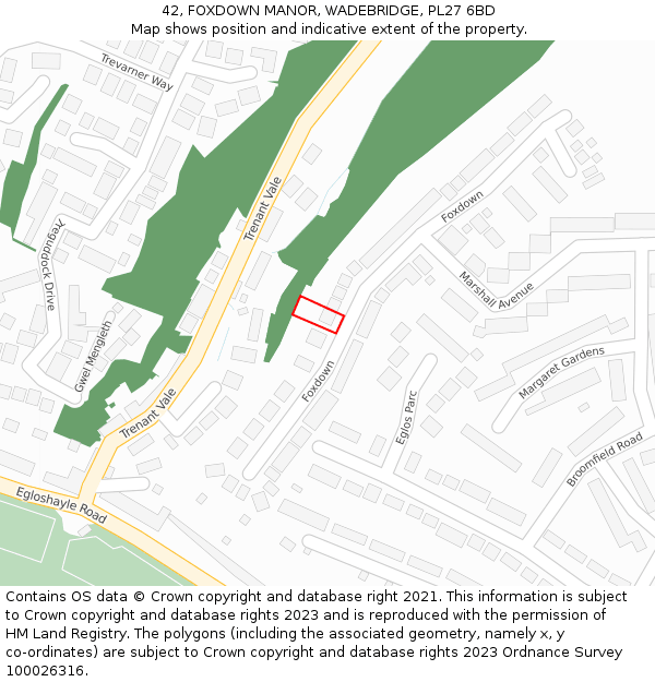 42, FOXDOWN MANOR, WADEBRIDGE, PL27 6BD: Location map and indicative extent of plot