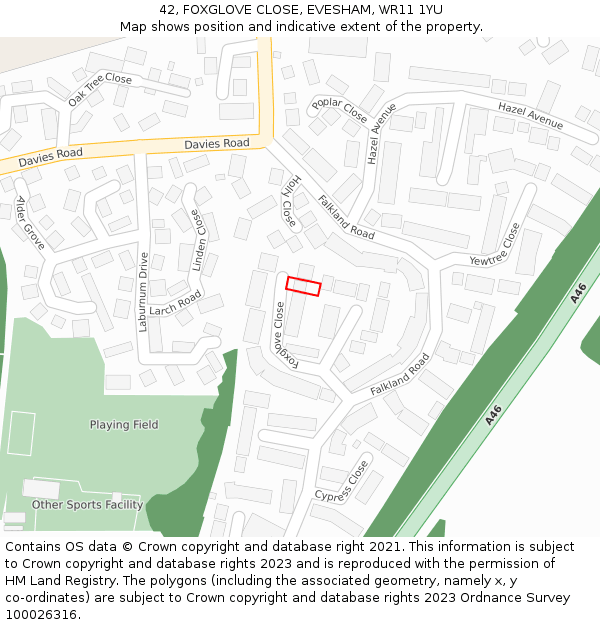42, FOXGLOVE CLOSE, EVESHAM, WR11 1YU: Location map and indicative extent of plot