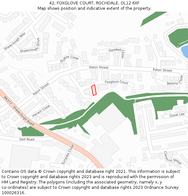 42, FOXGLOVE COURT, ROCHDALE, OL12 6XF: Location map and indicative extent of plot