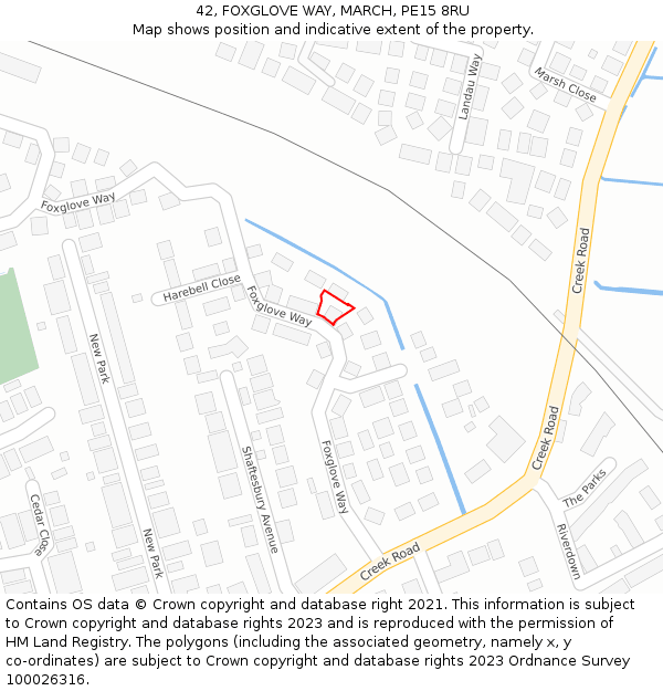 42, FOXGLOVE WAY, MARCH, PE15 8RU: Location map and indicative extent of plot