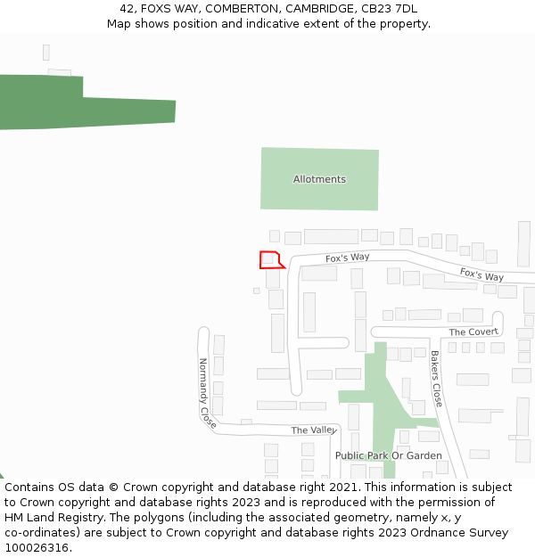 42, FOXS WAY, COMBERTON, CAMBRIDGE, CB23 7DL: Location map and indicative extent of plot