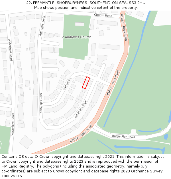 42, FREMANTLE, SHOEBURYNESS, SOUTHEND-ON-SEA, SS3 9HU: Location map and indicative extent of plot