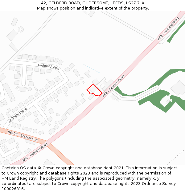 42, GELDERD ROAD, GILDERSOME, LEEDS, LS27 7LX: Location map and indicative extent of plot