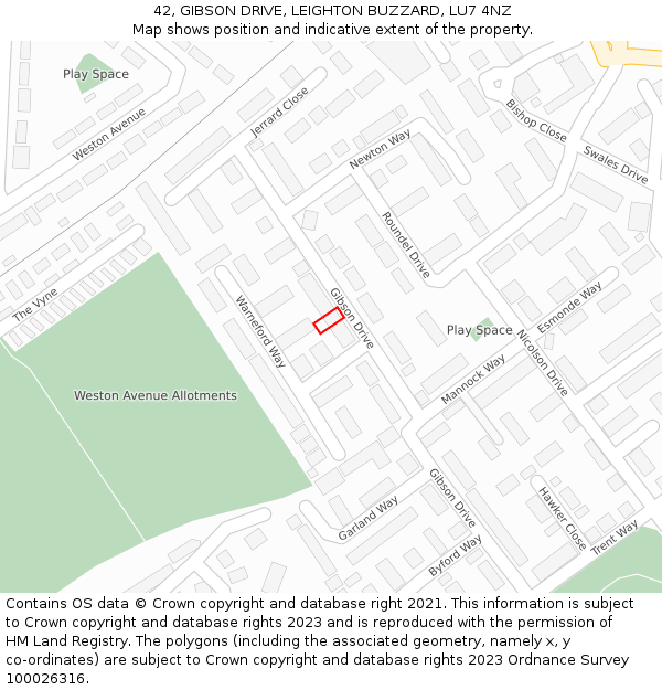 42, GIBSON DRIVE, LEIGHTON BUZZARD, LU7 4NZ: Location map and indicative extent of plot
