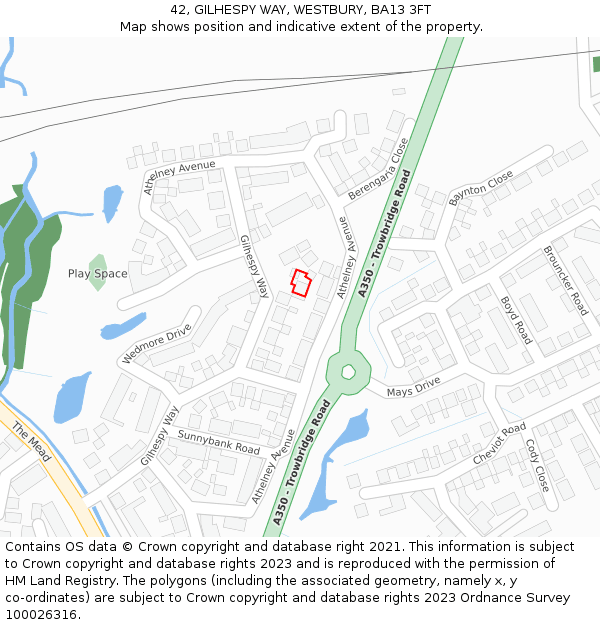 42, GILHESPY WAY, WESTBURY, BA13 3FT: Location map and indicative extent of plot