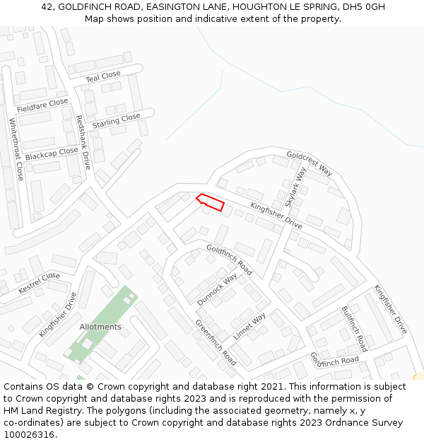 42, GOLDFINCH ROAD, EASINGTON LANE, HOUGHTON LE SPRING, DH5 0GH: Location map and indicative extent of plot