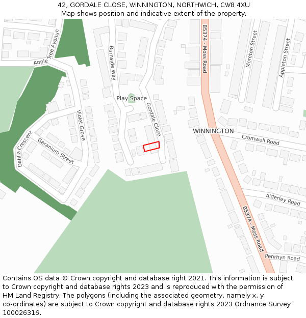 42, GORDALE CLOSE, WINNINGTON, NORTHWICH, CW8 4XU: Location map and indicative extent of plot