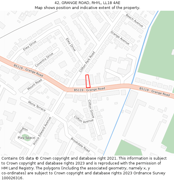 42, GRANGE ROAD, RHYL, LL18 4AE: Location map and indicative extent of plot