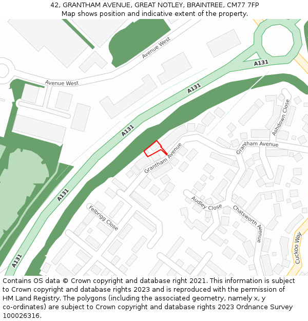 42, GRANTHAM AVENUE, GREAT NOTLEY, BRAINTREE, CM77 7FP: Location map and indicative extent of plot