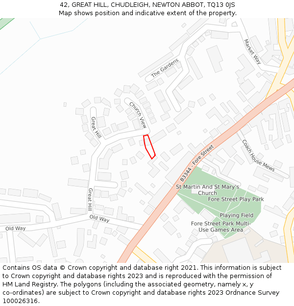 42, GREAT HILL, CHUDLEIGH, NEWTON ABBOT, TQ13 0JS: Location map and indicative extent of plot