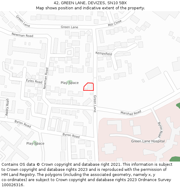 42, GREEN LANE, DEVIZES, SN10 5BX: Location map and indicative extent of plot