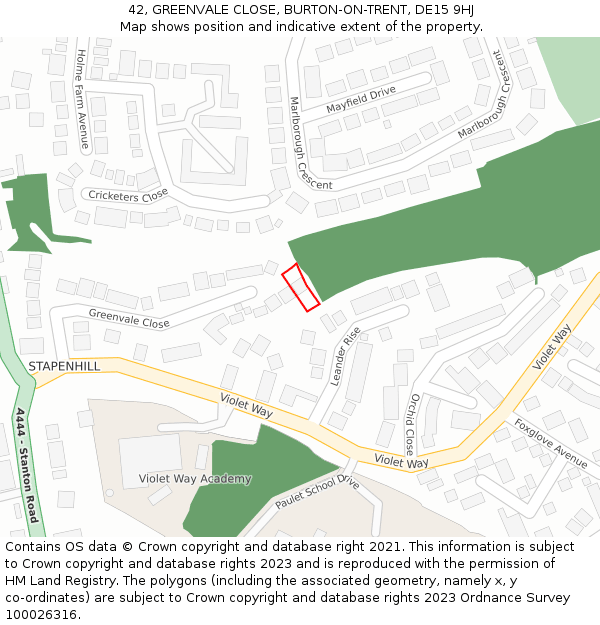 42, GREENVALE CLOSE, BURTON-ON-TRENT, DE15 9HJ: Location map and indicative extent of plot