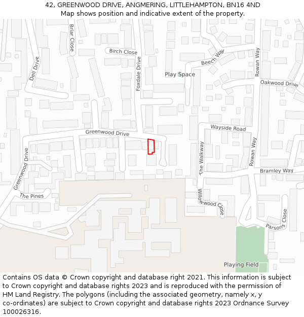 42, GREENWOOD DRIVE, ANGMERING, LITTLEHAMPTON, BN16 4ND: Location map and indicative extent of plot