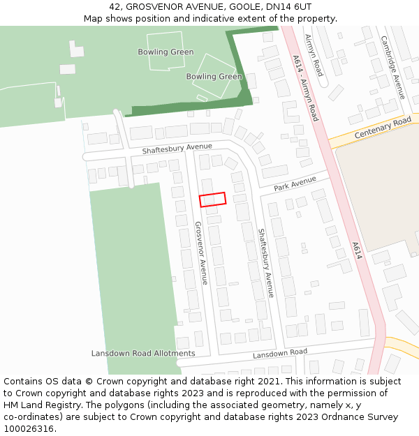 42, GROSVENOR AVENUE, GOOLE, DN14 6UT: Location map and indicative extent of plot