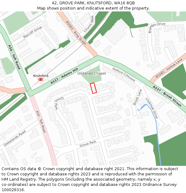 42, GROVE PARK, KNUTSFORD, WA16 8QB: Location map and indicative extent of plot