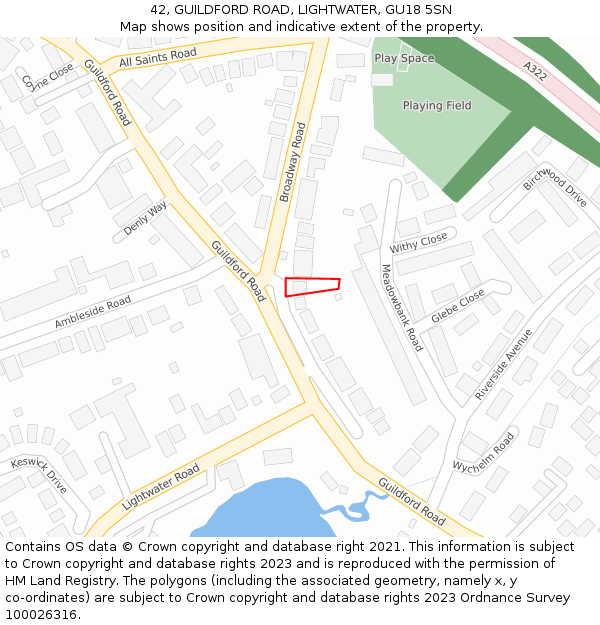 42, GUILDFORD ROAD, LIGHTWATER, GU18 5SN: Location map and indicative extent of plot