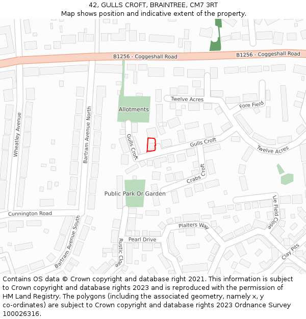 42, GULLS CROFT, BRAINTREE, CM7 3RT: Location map and indicative extent of plot